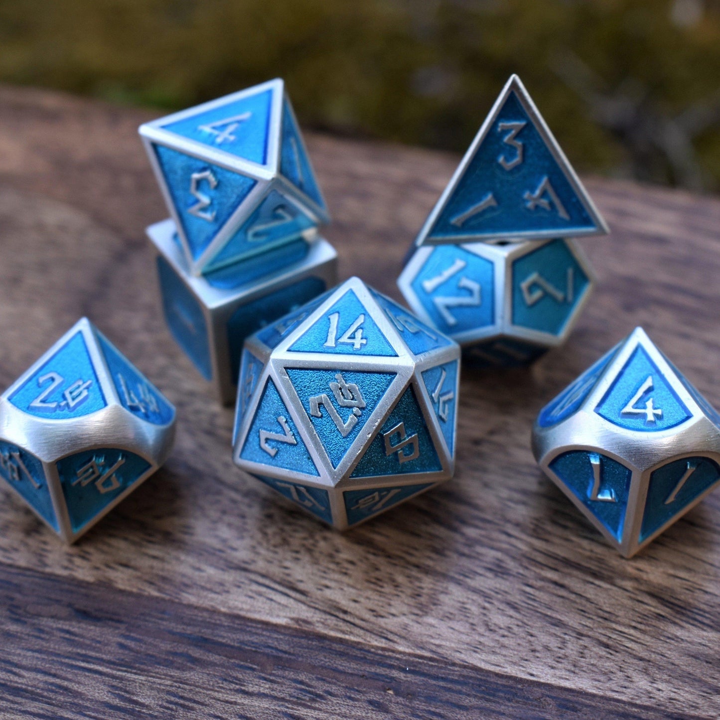 Elder Runes Electric Blue And Matte Silver Metal Dice Set