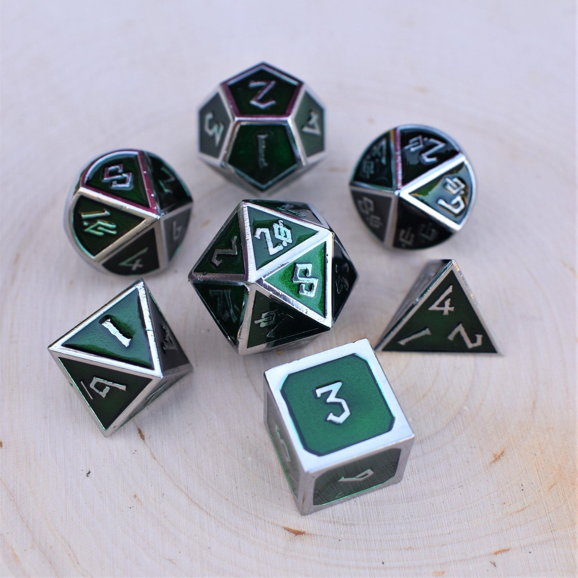 Elder Runes Emerald And Silver Metal Dice Set