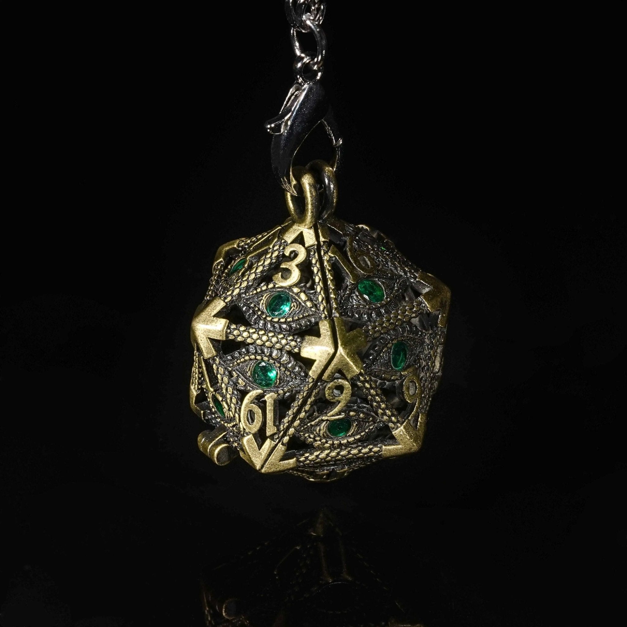Emerald  Gem Dragon Eye Metal Hollow D20 Dice Pendant + 7 Mini Metal Dice Set