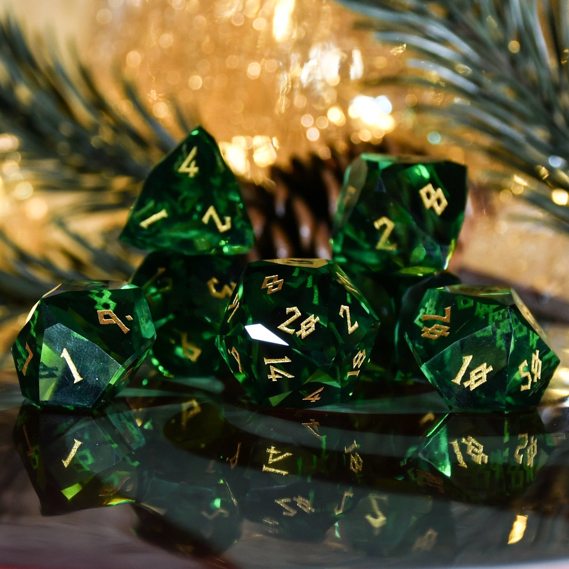 Emerald Multifaceted Glass Dice Set