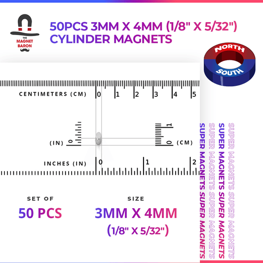 Engineering-Special - Diametrically Magnetized - 50pcs 3mm x 4mm (Approximately 1/8" x 5/32") Cylinder Magnets