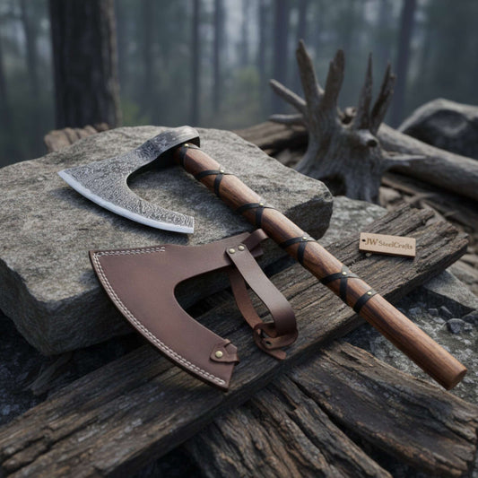 Viking-Style Skeggøx Bearded Damascus Camp Axe with Wrapped Hardwood Shaft and Leather Sheath