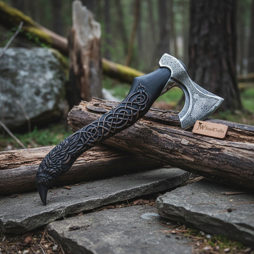 Handcrafted Viking-Style Bearded Axe with Engraved Steel Head and Carved Hardwood Handle