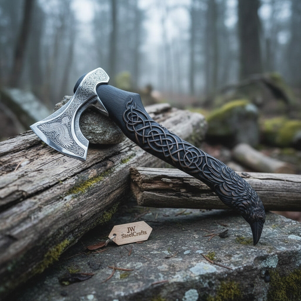 Handcrafted Viking-Style Bearded Axe with Engraved Steel Head and Carved Hardwood Handle