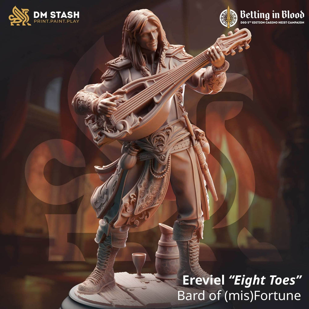 Ereviel “Eight Toes”, Bard of (mis)Fortune (Male Elf Bard) - 32mm Scale