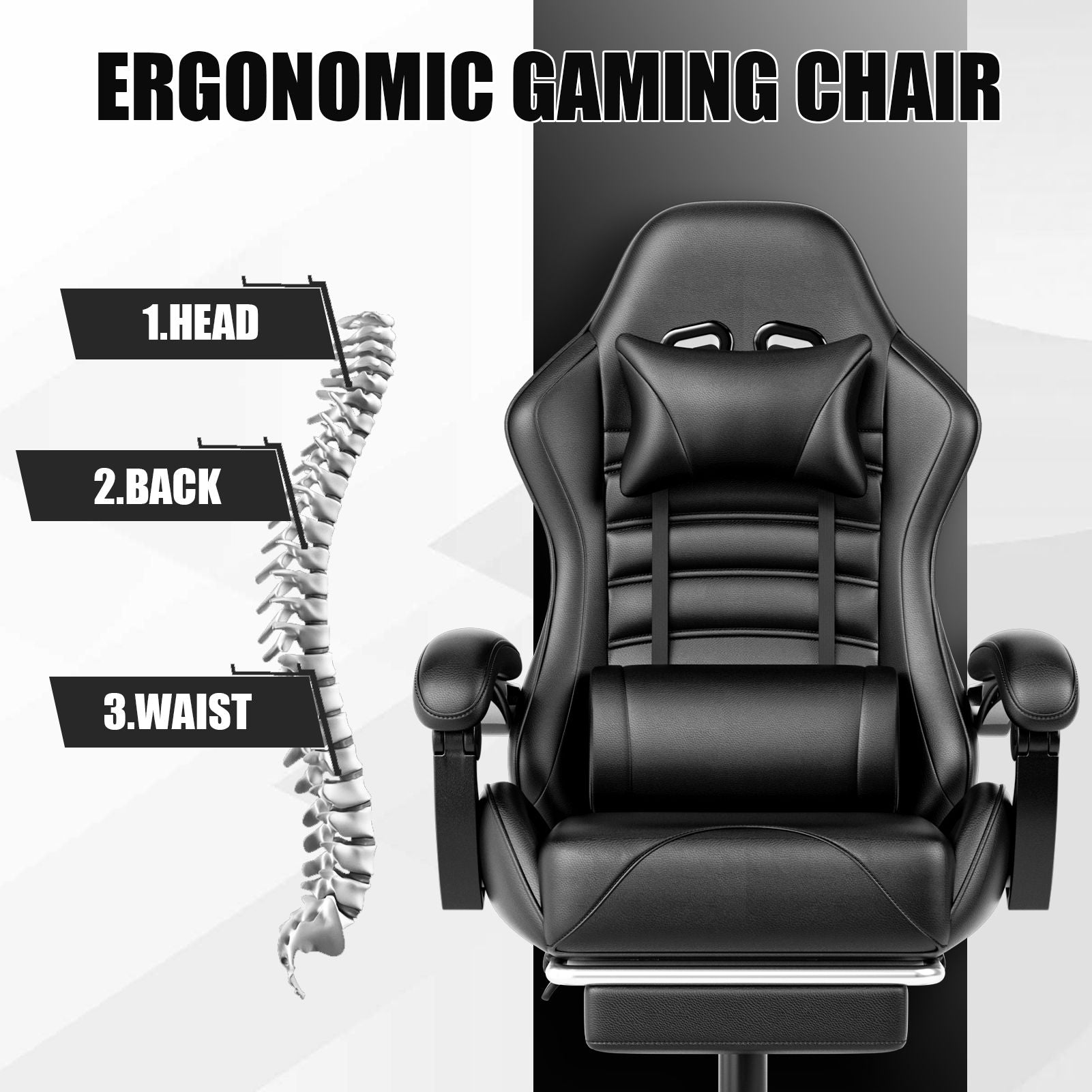 Ergonomic Gaming Chair for Adults, Comfortable Computer Chair for Heavy People, Adjustable Height Office Desk Chair with Wheels, Breathable Leather Video Game Chairs