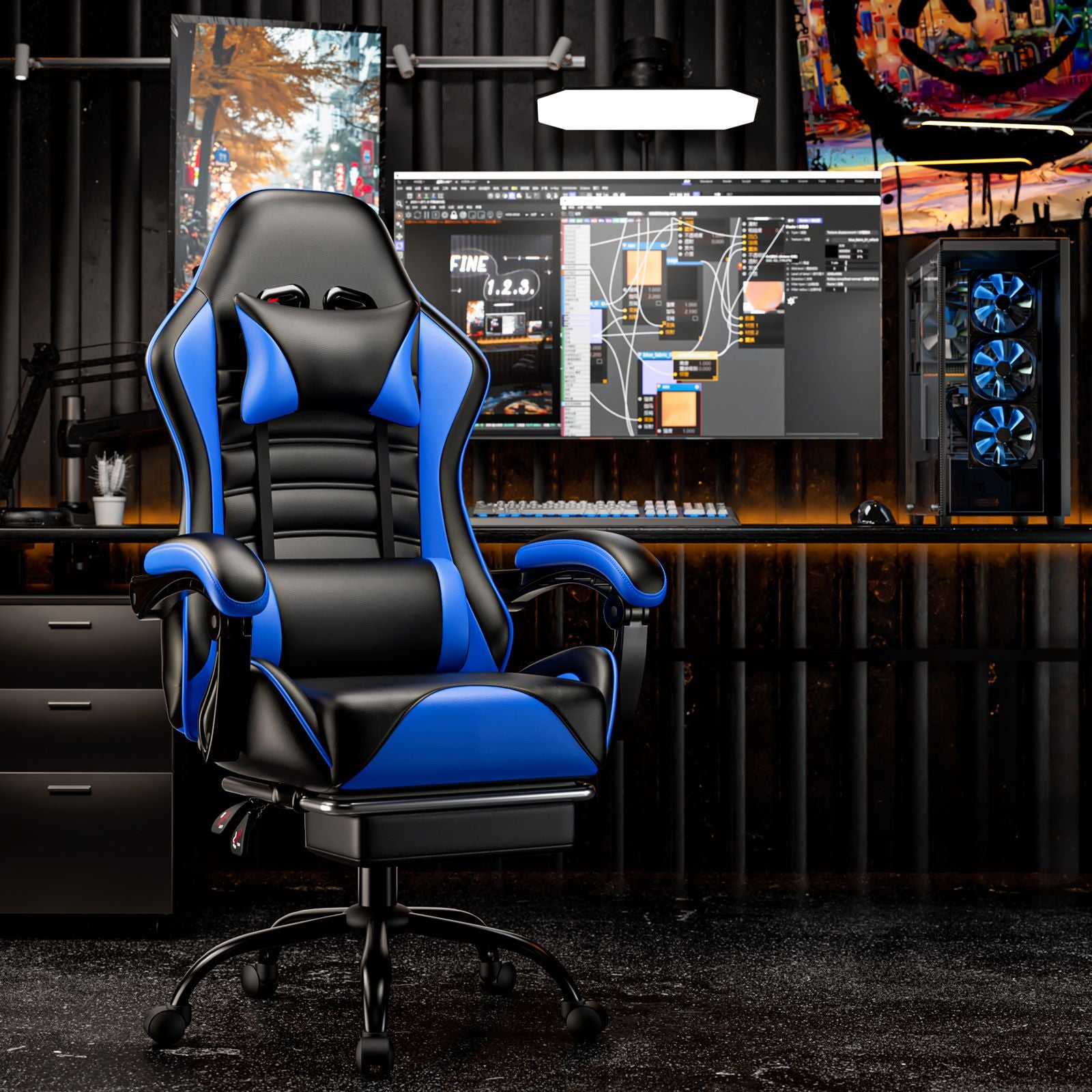 Ergonomic Gaming Chair for Adults, Comfortable Computer Chair for Heavy People, Adjustable Height Office Desk Chair with Wheels, Breathable Leather Video Game Chairs