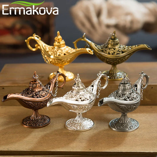 ERMAKOVA 12cm(4.7")Classic Rare Hollow Legend Aladdin Magic Genie Lamps Incense Burners Retro Wishing Oil Lamp Home Decor Gift