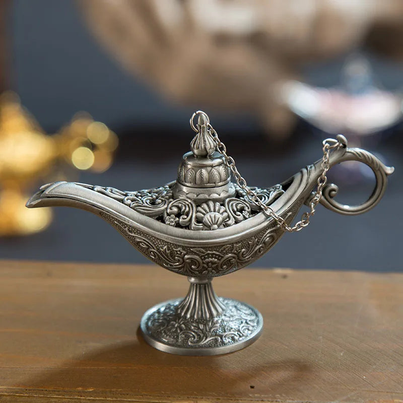 ERMAKOVA 12cm(4.7")Classic Rare Hollow Legend Aladdin Magic Genie Lamps Incense Burners Retro Wishing Oil Lamp Home Decor Gift