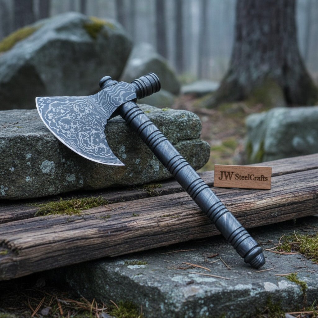 Artisan Damascus Smoking Axe – Functional Tobacco Pipe with Sculpted Hardwood Shaft