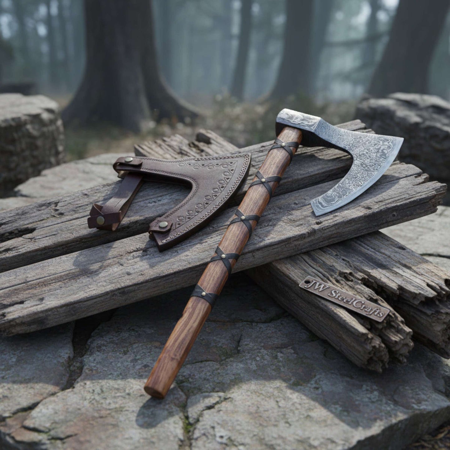 Viking-Style Skeggøx Bearded Damascus Camp Axe with Wrapped Hardwood Shaft and Leather Sheath