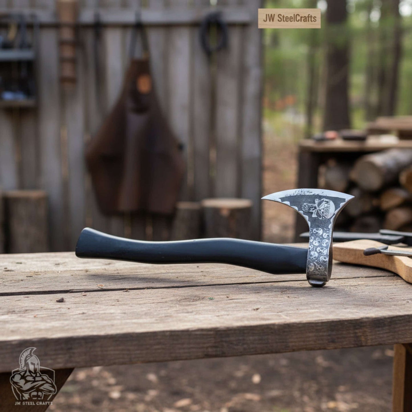 Hand-finished Bearded Axe – Detailed Etched Steel Head with Minimalist Black Handle