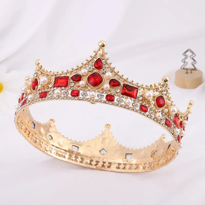 Europe Vintage Baroque Court Princess Party Bridal Tiara Men King Crown Crystal Pearl Round Metal Wedding Unisex Crown