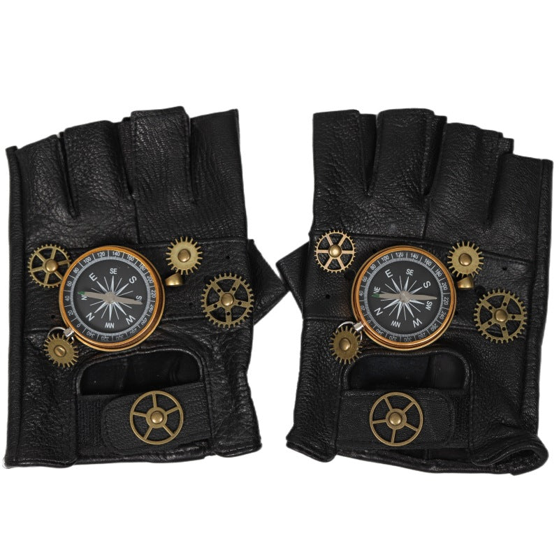 European And American Steampunk Leather Gloves Gear Half Finger Gloves Compass Retro