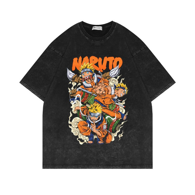 European and American washed old short sleeved T-shirts, Naruto anime, American retro short sleeved cotton T-shirts