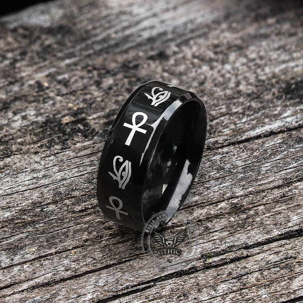 Eye of Ra Ankh Egyptian Symbols Stainless Steel Ring - Stainless Steel / 7