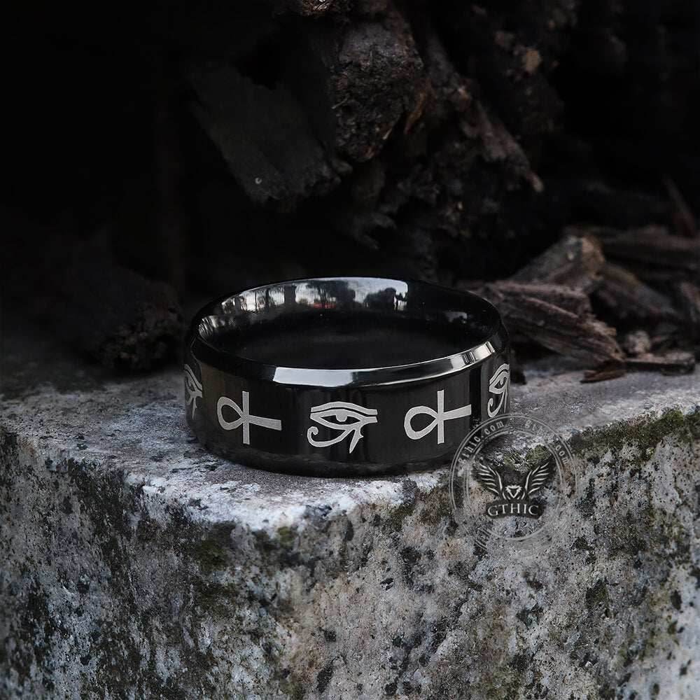 Eye of Ra Ankh Egyptian Symbols Stainless Steel Ring - Stainless Steel / 7