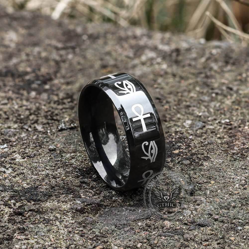 Eye of Ra Ankh Egyptian Symbols Stainless Steel Ring - Stainless Steel / 7