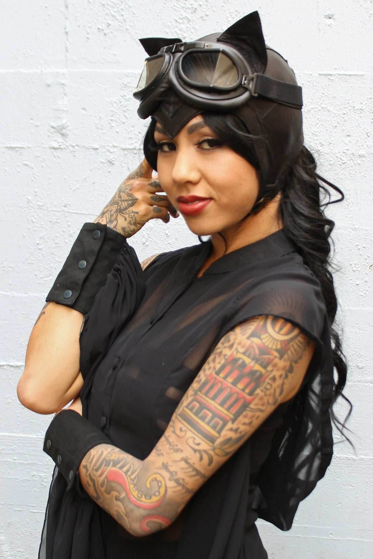 5D x Eyecon Cat Flight Helmet - leather - Black Leather / XS/S