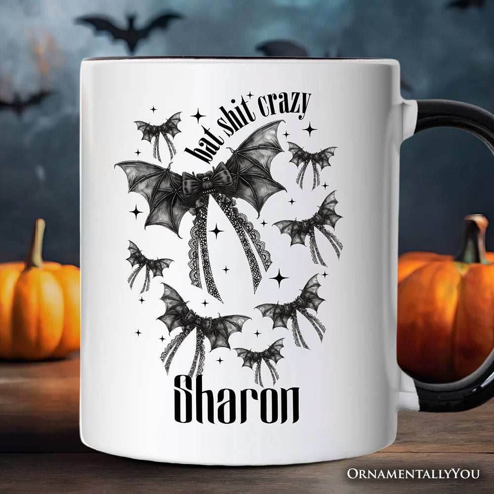 Bat Shit Crazy Coquette Bats Personalized Mug, Funny Halloween Gift with Custom Name - White - Black / Customized