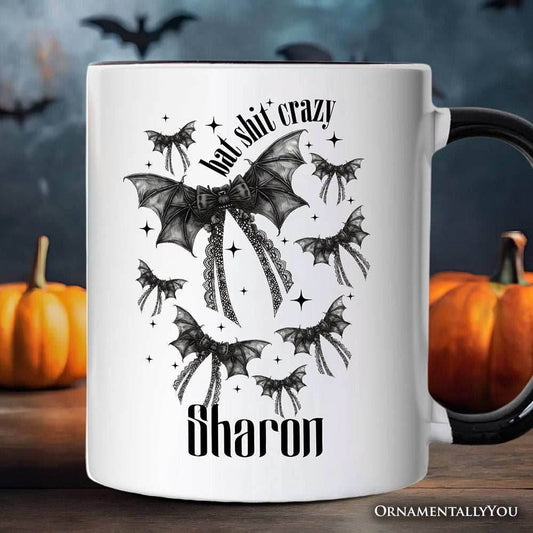 Bat Shit Crazy Coquette Bats Personalized Mug, Funny Halloween Gift with Custom Name - White - Black / Customized
