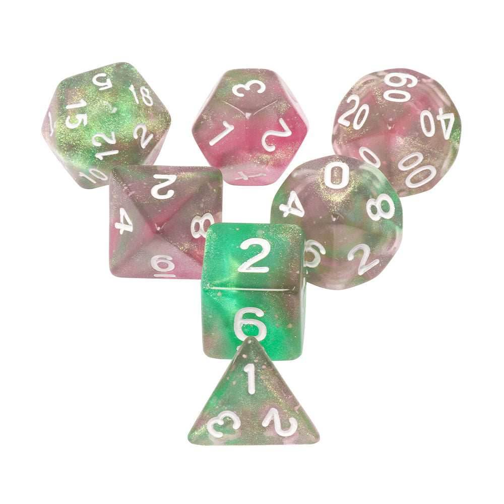 Rebirth 7-Dice Set Green/Pink w/White Numbers Dnd Dice Set (Blacklight reactive) - 