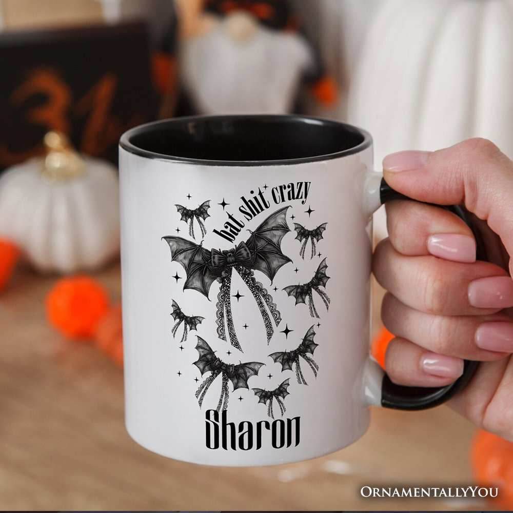 Bat Shit Crazy Coquette Bats Personalized Mug, Funny Halloween Gift with Custom Name - White / Customized