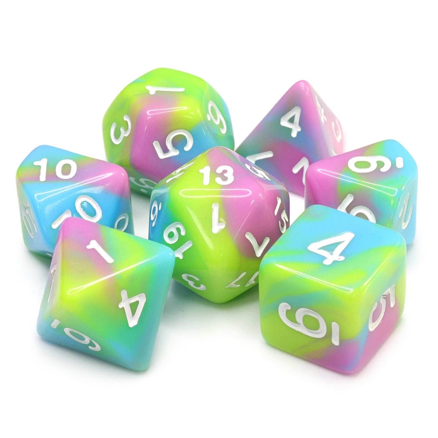 Childhood Pink/Blue/Green/Yellow Blend with White Numbering 7-Dice Set RPG - 