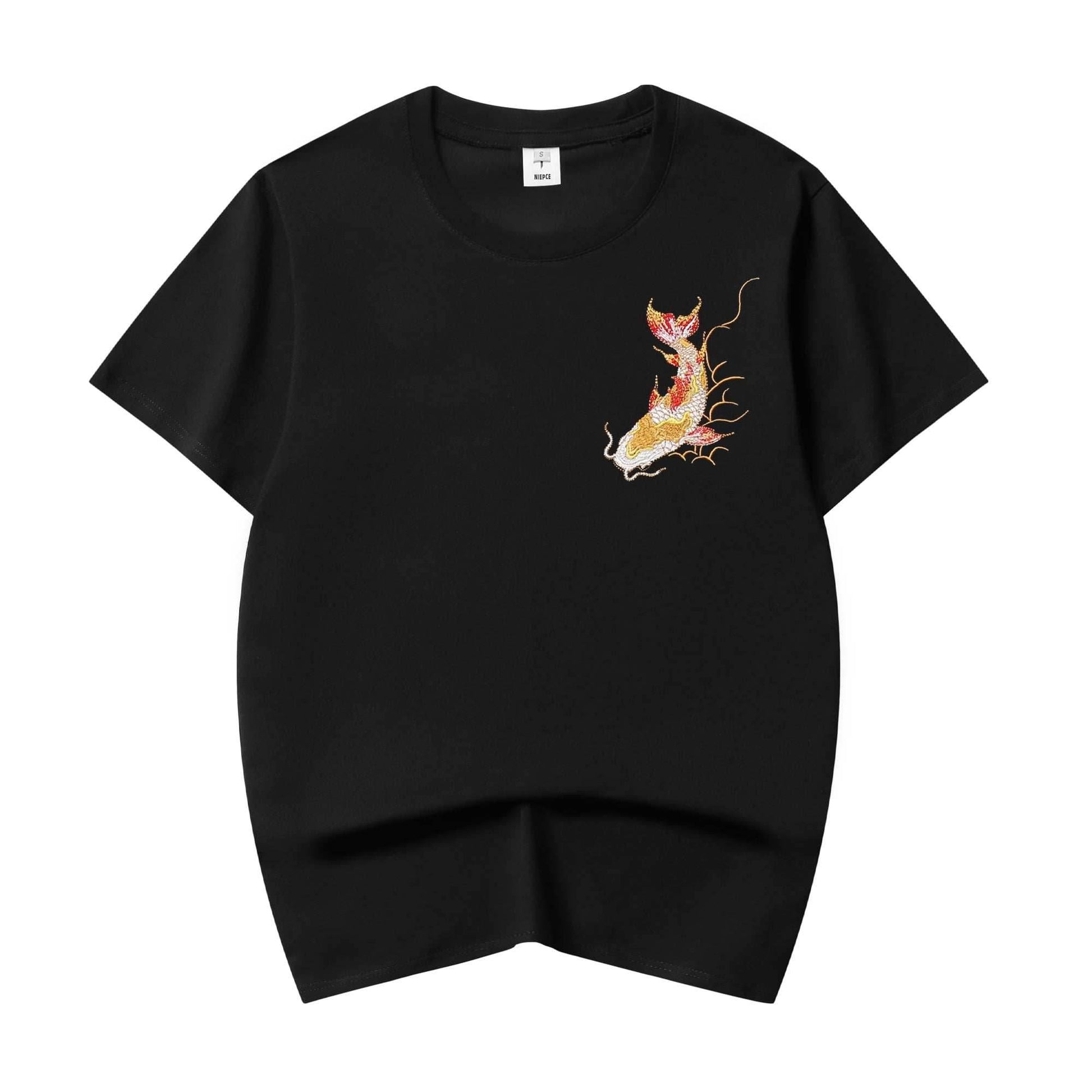 KH852 Golden Koi Fish Embroidery Tee - Black / S