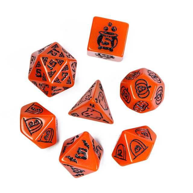 Halloween Orange w/Black | Pumpkin/Ghost/Bat/Cauldron 7-Dice Set DND - 