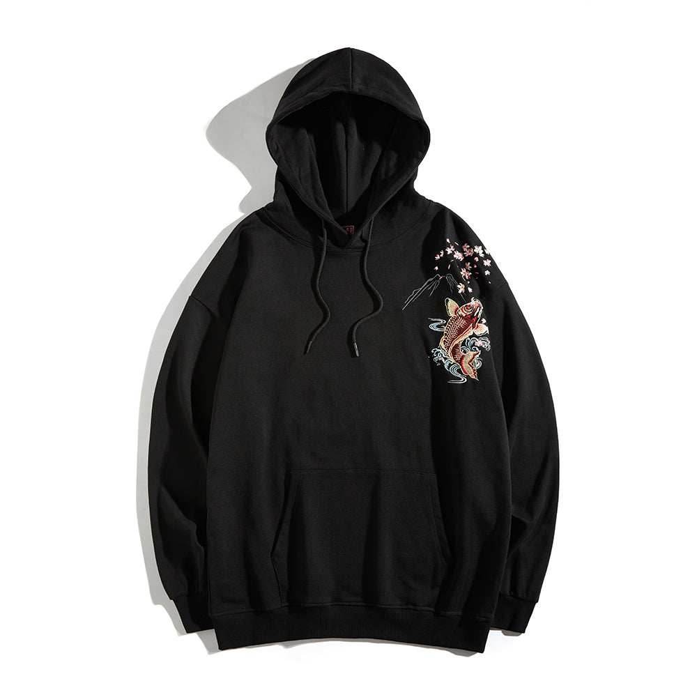 KH9197 Red Koi Embroidery Hoodie - Black / S