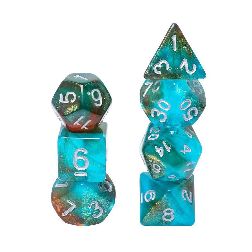 Neverland 7-Dice Set Teal/Orange w/Silver Numbers Dnd Dice Set (Blacklight reactive) - 