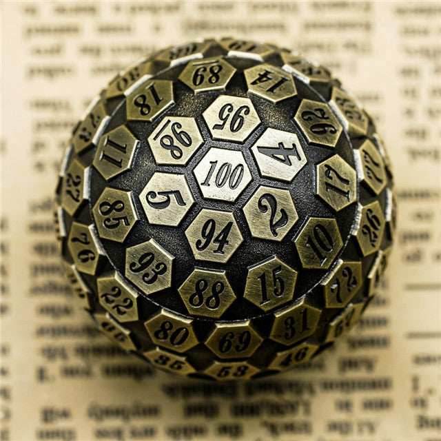 Metal Single 100 Sided Polyhedral Dice (D100) | Brass Color Solid (45mm) - 