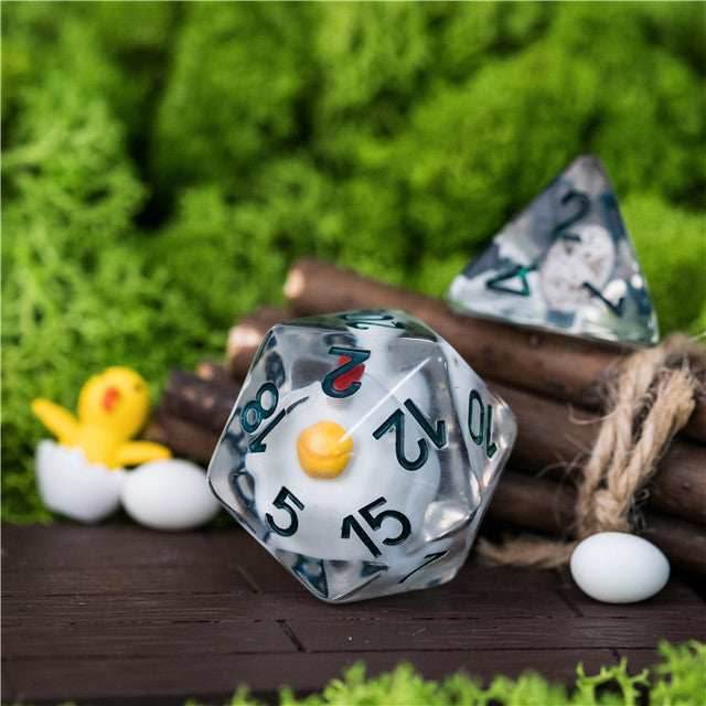 Chicken Family 7-Dice Set w/Green Numbers Dnd Dice Set + 30mm d20 - 