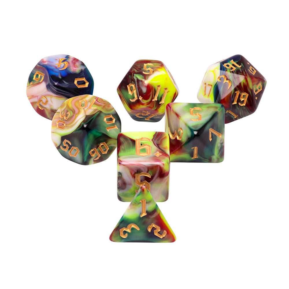 Secret Garden 7-Dice Set Blue/White/Green/Red w/Gold Numbers Dnd Dice Set - 