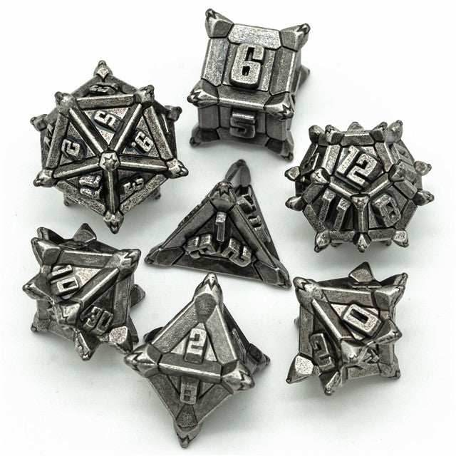 Vintage Silver Pinwheel Strengthened Metal 7-Dice Set | Metal DND Dice - 
