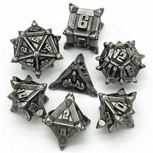 Vintage Silver Pinwheel Strengthened Metal 7-Dice Set | Metal DND Dice - 