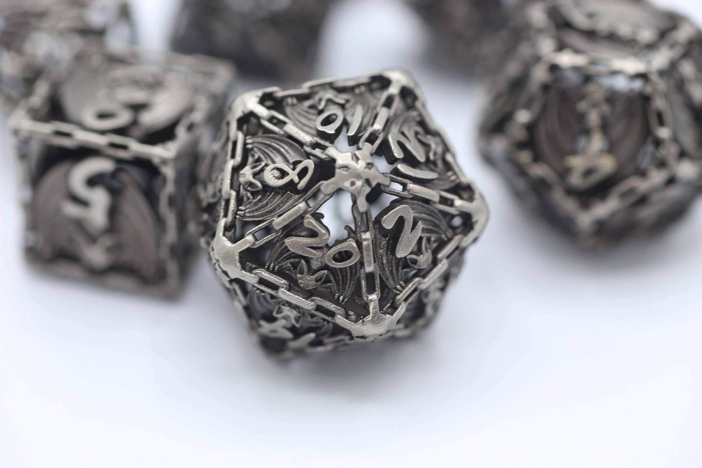 Ancient Silver Hollow Metal Bat Polyhedral Dice Set - 