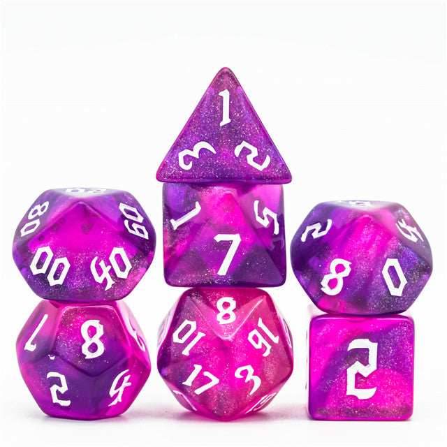 Purple + Red Glitter Party Dice (White font) 7-Dice Set RPG DND - 