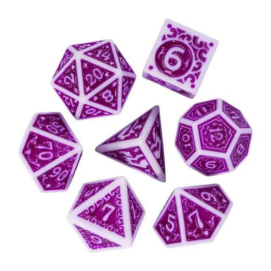 White with Purple rregular Pattern Fill: 7-Piece Acrylic Dice Set - 