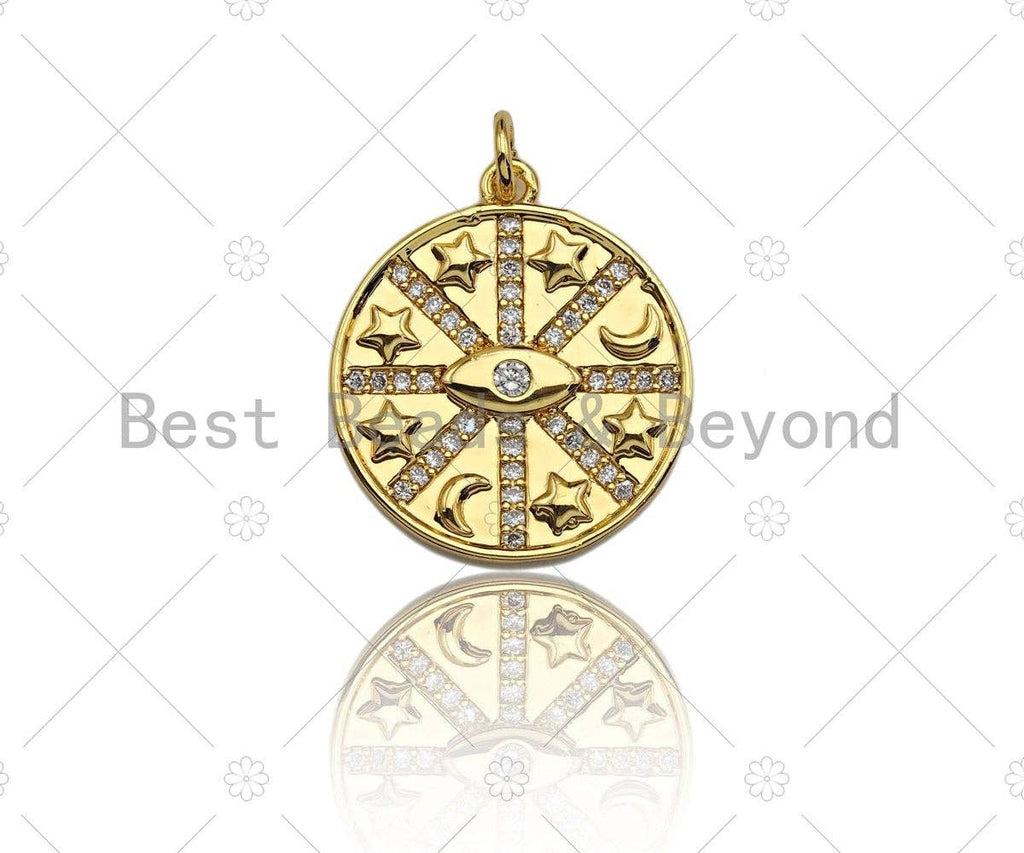 Clear CZ Micro Pave Evil Eye Star On Round Coin Shaped Pendant/Charm, Star Cubic Zirconia Pendant Charm, 20mm,sku#Y334
