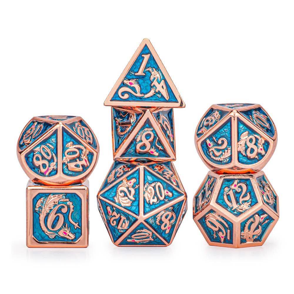 Copper with Light Blue Solid Metal Dragon Dice set - 