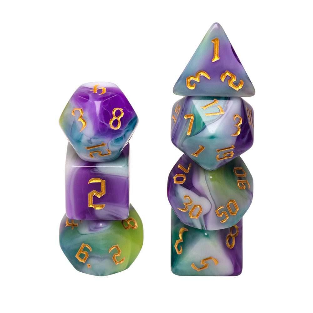 Siberian Iris 7-Dice Set Purple/White/Green w/Gold Numbers Dnd Dice Set - 