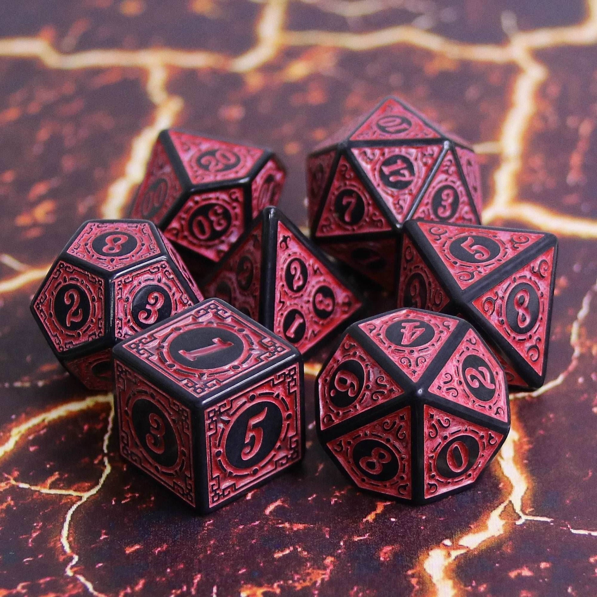 Red Magic Flame 7-Dice Set DND RPG Dice Black w/Color Fill - 