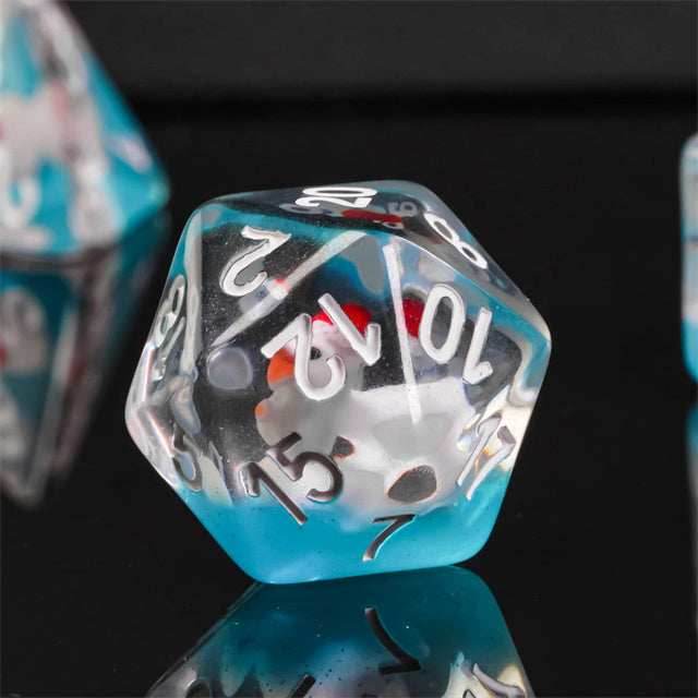 White Duck Red Hat on Blue 7-Dice Set w/White Numbers Dnd Dice Set - 