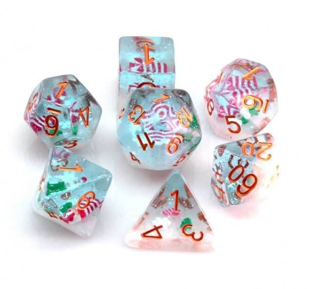 Red & White Stocking Inclusion with Frost and Tree 7-Dice Set RPG DND - 