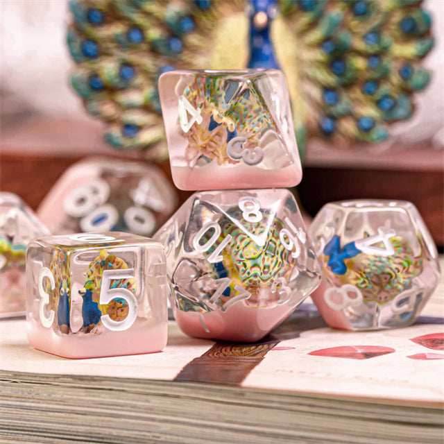 Peacock + Pink 7-Dice Set w/White Numbers Dnd Dice Set - 