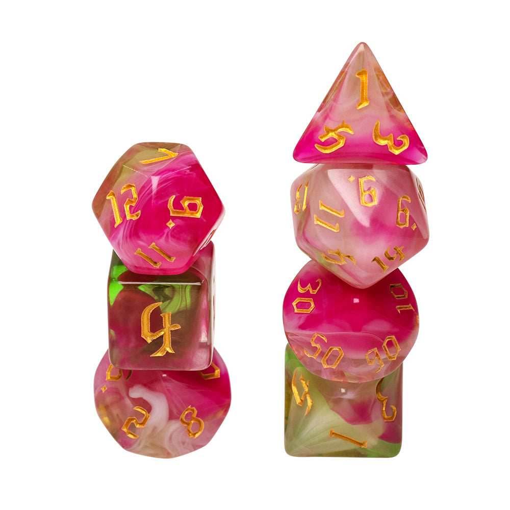 Superbloom 7-Dice Dnd Dice Pink | Green w/Gold Numbers Set - 