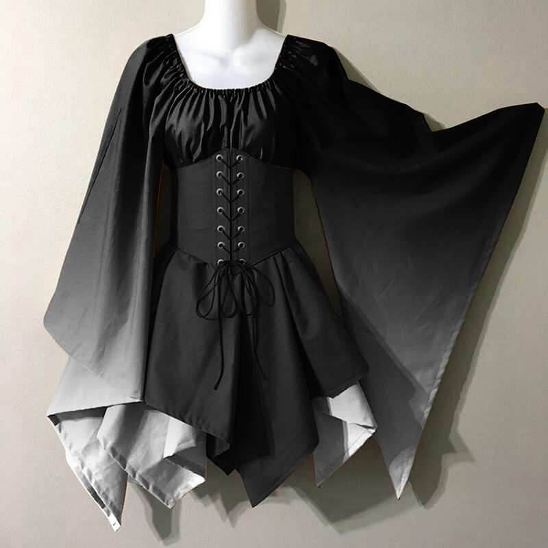 Fairy Trumpet Sleeve Gradient Handkerchief Dress - Black / S (Bust 100 cm)