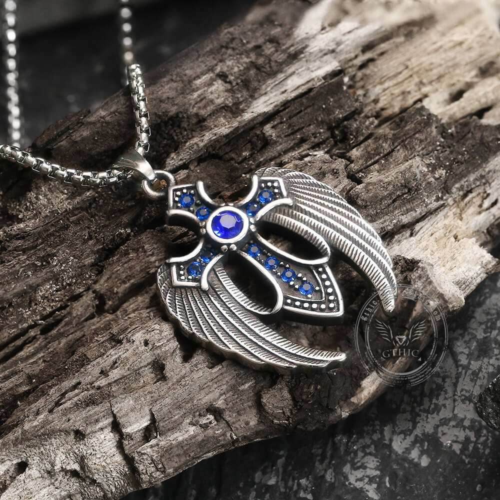 Fallen Angel Wings Stainless Steel Gem Pendant - Stainless Steel / Black
